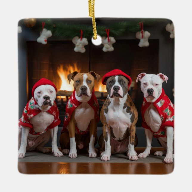 American Staffordshire by Fireplace Christmas Keramikornament (Vorderseite)