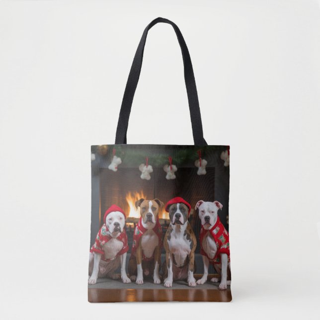 American Staffordshire by Fireplace Christmas Tasche (Vorderseite)