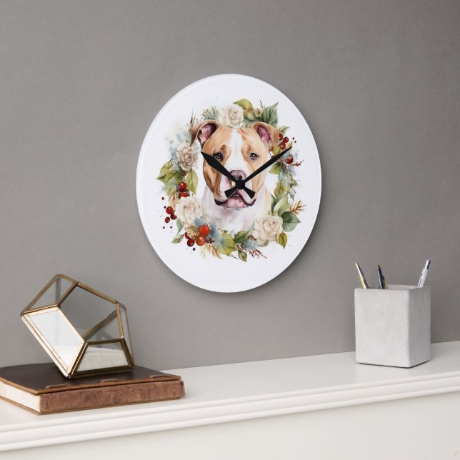 American Staffordshire Christmas Wreath Festive Große Wanduhr (Büro)