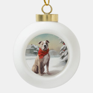American Staffordshire Dog in Snow Christmas Keramik Kugel-Ornament