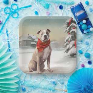 American Staffordshire Dog in Snow Christmas Pappteller