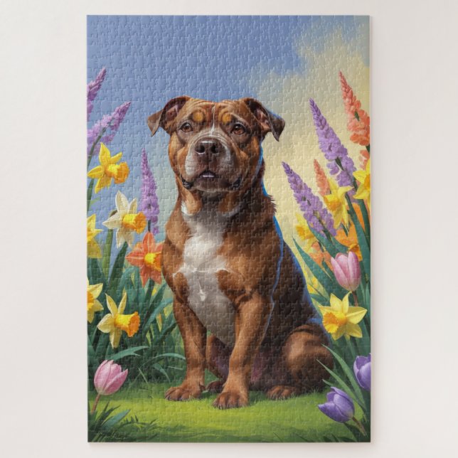 American Staffordshire Dog Spring Flowers Malerei (Vertikal)