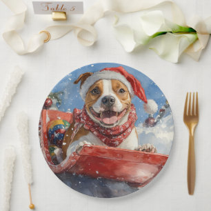 American Staffordshire im Schlitten Weihnachten Pappteller