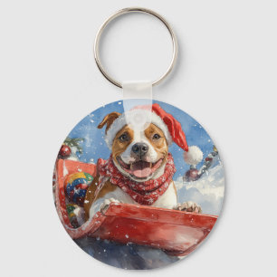 American Staffordshire im Schlitten Weihnachten Schlüsselanhänger