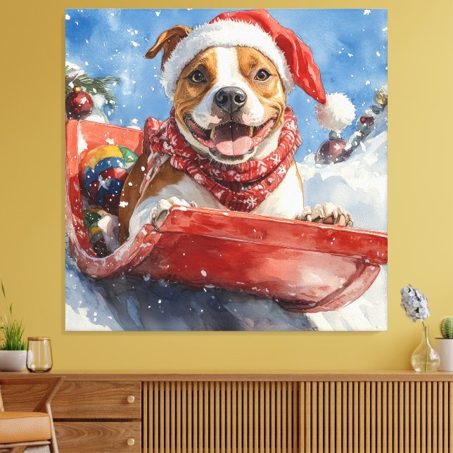 American Staffordshire in Sledge Christmas Leinwanddruck (Insitu (Wohnzimmer))