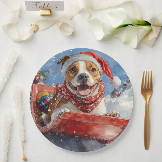American Staffordshire in Sledge Christmas Pappteller (Hochzeit)
