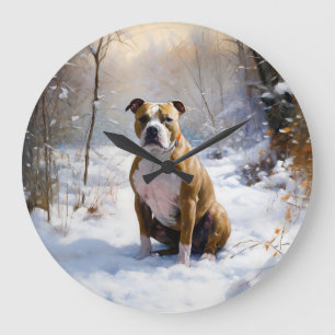 American Staffordshire Lass es schneien Weihnachte Große Wanduhr
