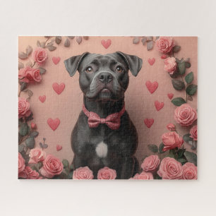 American Staffordshire mit Rosen -Valentinstag