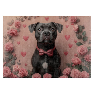 American Staffordshire mit Rosen -Valentinstag Schneidebrett