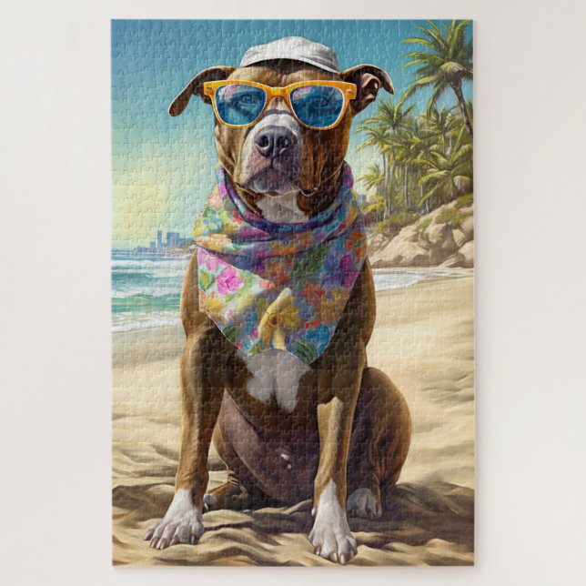 American Staffordshire on Beach, Sommergeschenk (Vertikal)