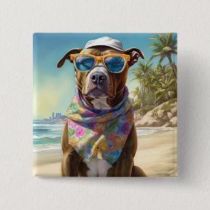 American Staffordshire on Beach, Sommergeschenk Button