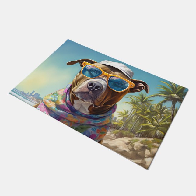 American Staffordshire on Beach, Sommergeschenk Fußmatte (Schrägansicht)