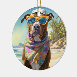 American Staffordshire on Beach, Sommergeschenk Keramik Ornament
