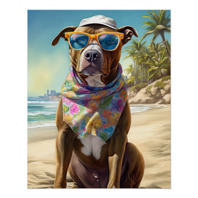 American Staffordshire on Beach, Sommergeschenk Poster (Vorderseite)