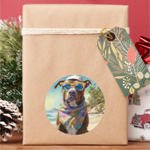 American Staffordshire on Beach, Sommergeschenk Runder Aufkleber