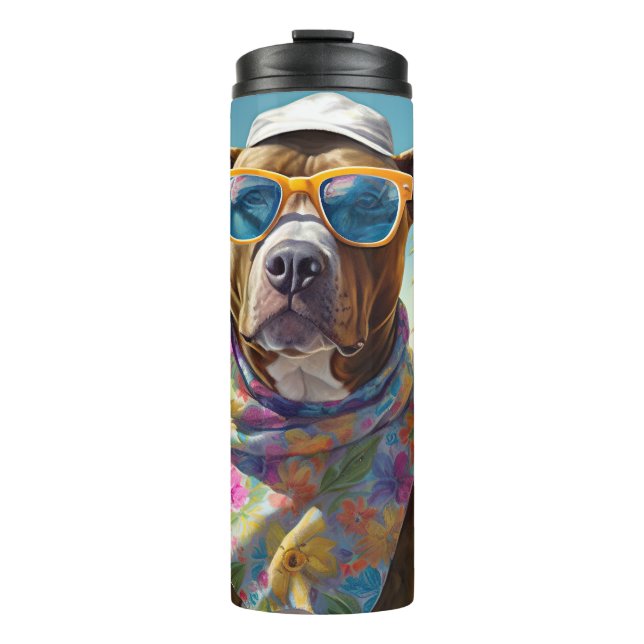 American Staffordshire on Beach, Sommergeschenk Thermosbecher (Vorderseite)