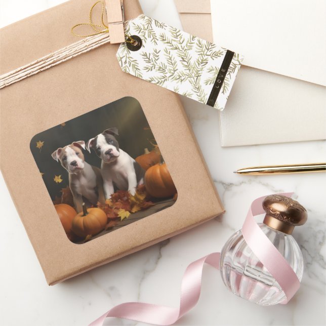 American Staffordshire Puppy Herbst Delight Quadratischer Aufkleber (Schenken)