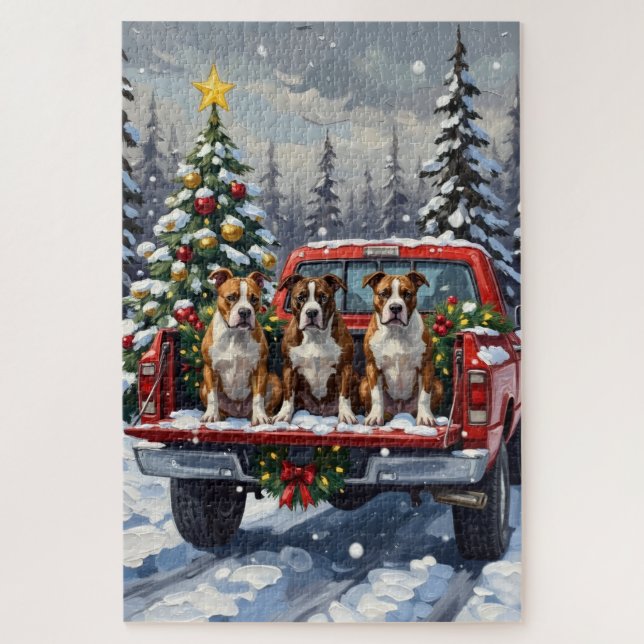 American Staffordshire Terrier Christmas Red Truck (Vertikal)
