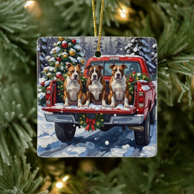 American Staffordshire Terrier Christmas Red Truck Keramikornament (Baum)