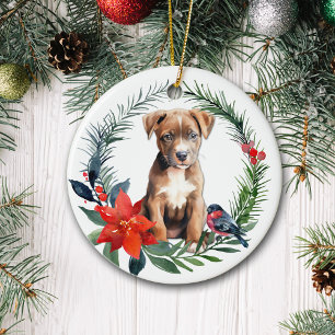 American Staffordshire Terrier Puppy Poinsettia Keramik Ornament