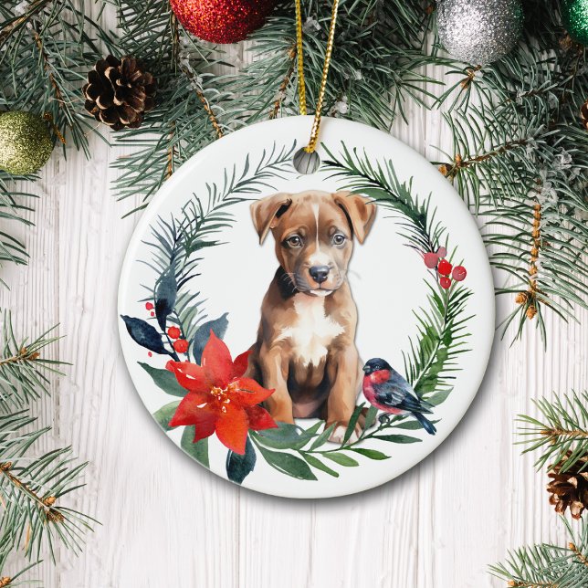 American Staffordshire Terrier Puppy Poinsettia Keramik Ornament (Von Creator hochgeladen)