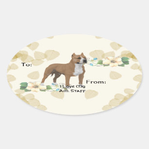 American Staffordshire Terrier ~ Tan Blätter Motif Ovaler Aufkleber