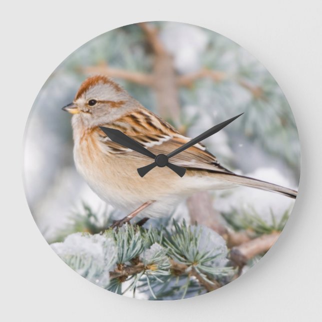 American Tree Sparrow im Winter Große Wanduhr (Vorderseite)