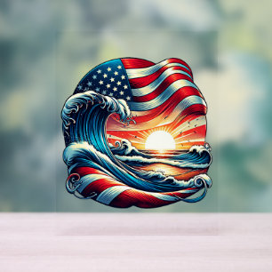 American USA Flag Beach Wave Sunset Patriotic Art