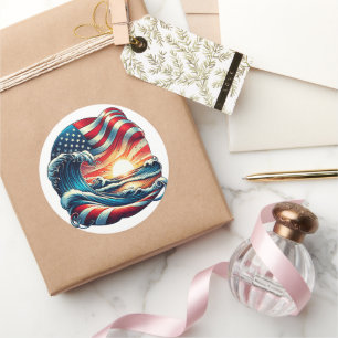 American USA Flag Beach Wave Sunset Patriotic Art Runder Aufkleber