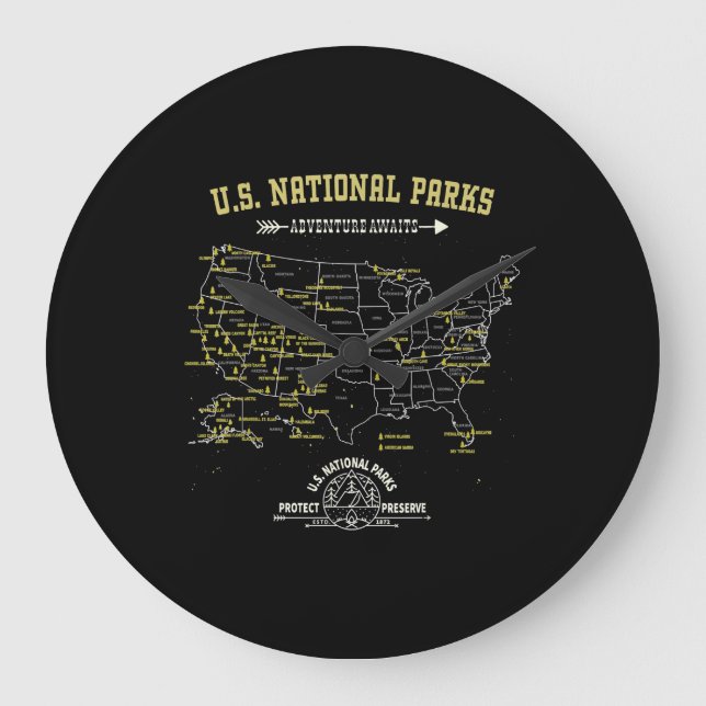 American Wander Camping Gift - 63 US-Nationalpark Große Wanduhr (Vorderseite)