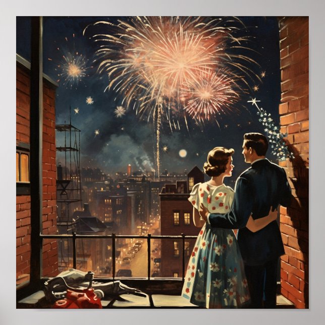 Americana Couple beobachtet Feuerwerke über Neujah Poster (Vorne)