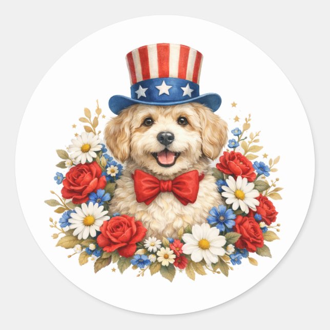 Americana Puppy Illustration Runder Aufkleber (Vorderseite)