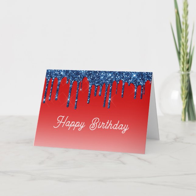 Americana Red Blue Glitter Drip Birthday Karte (Vorderseite)