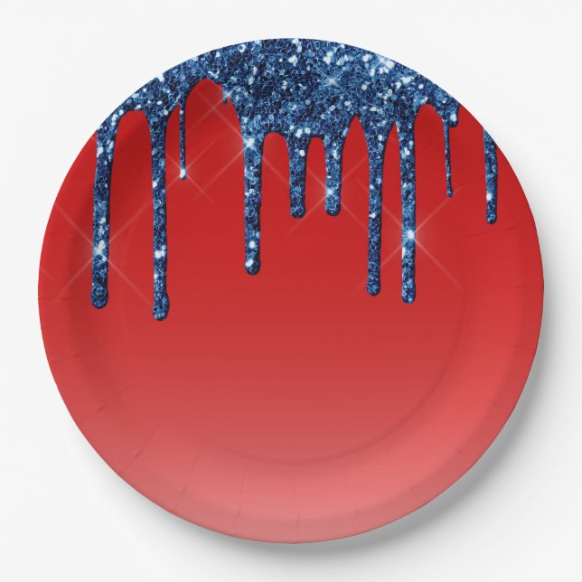 Americana Red Blue Glitter Drip Pappteller (Vorderseite)