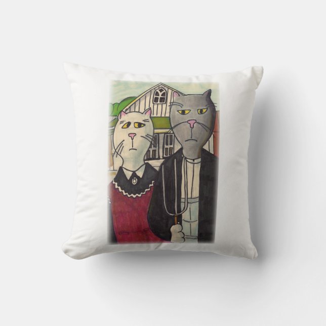Americat Gothic Classic Cat Art Parody Design Kissen (Vorderseite)