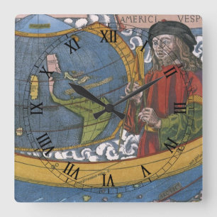 Amerigo Vespucci Entdecker auf einer Karte Amerika Quadratische Wanduhr