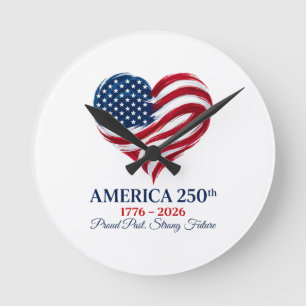 Amerika 250. Jubiläums-Flaggen-Herz-Wanduhr Runde Wanduhr