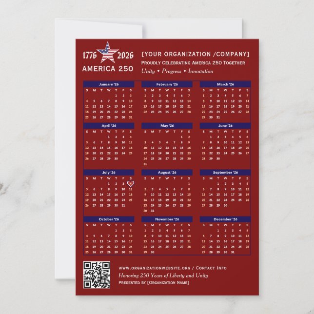 Amerika 250 Patriotic Red 2026 Kalenderkarte (Vorderseite)