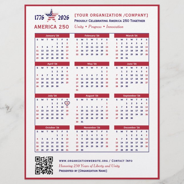 Amerika 250 Patriotischer Roter Kalender 2026 Keep Flyer (Vorne)