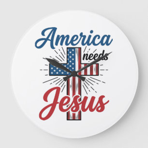 Amerika Braucht Jesus Patriotisches Kreuz-Shirt-De Große Wanduhr