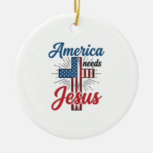 Amerika Braucht Jesus Patriotisches Kreuz-Shirt-De Keramik Ornament