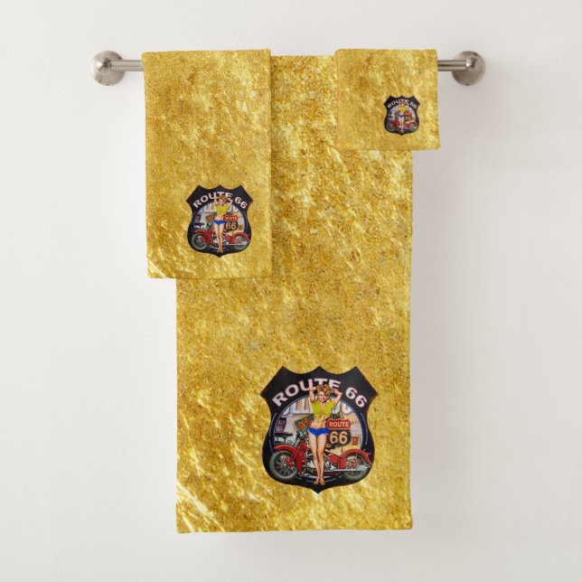 Amerika Route 66 Motorrad mit goldener Textur Badhandtuch Set (Insitu)