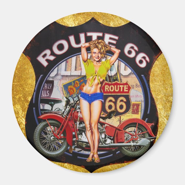 Amerika Route 66 Motorrad mit goldener Textur Magnet (Vorne)