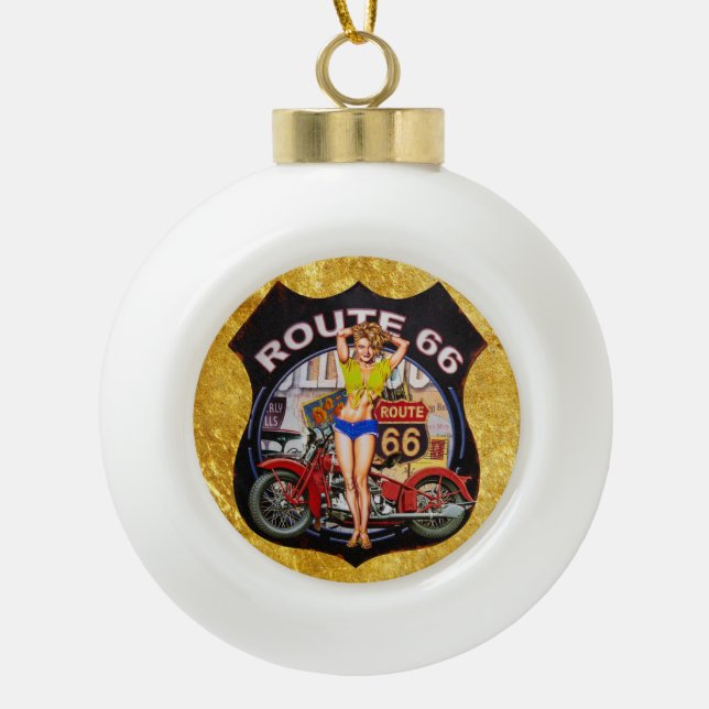 Amerika Route 66 Motorrad mit Goldstruktur Keramik Kugel-Ornament (Vorderseite)