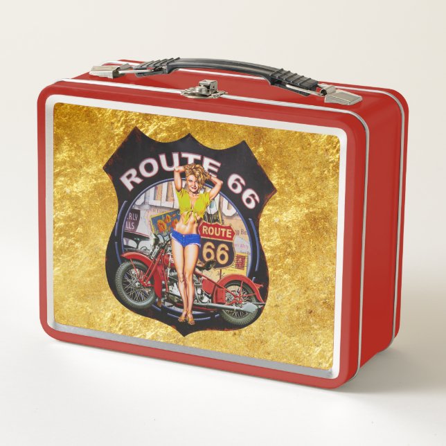 Amerika Route 66 Motorrad mit Goldstruktur Metall Lunch Box (Vorderseite)