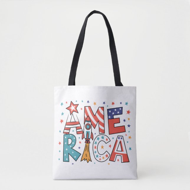Amerika Text und Sterne Farbige Gestaltung Tasche (Vorderseite)