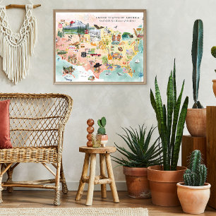 Amerika   Watercolor Illustriert USA Map Poster