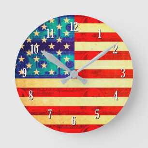 Amerika Zeit ist die Geldflagge Runde Wanduhr