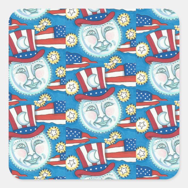 AMERIKANA FOLKART PATRIOTISCHER MANN IM MUND QUADRATISCHER AUFKLEBER (Vorderseite)