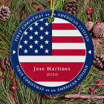 Amerikaner Custom Patriotic First Christmas Keramik Ornament<br><div class="desc">Die Einführung unserer amerikanischen Flag-Ornament, ein perfekter Weg, um Ihr erstes Weihnachten als amerikanischer Bürger zu feiern! Dieses Ornament ist in Rot, Weiß und Blau gehalten, was die US Flagge zu einem guten Beispiel für den patriotischen Stolz macht. Das Ornament bietet auch Platz für Sie, um es mit Ihrem Namen...</div>